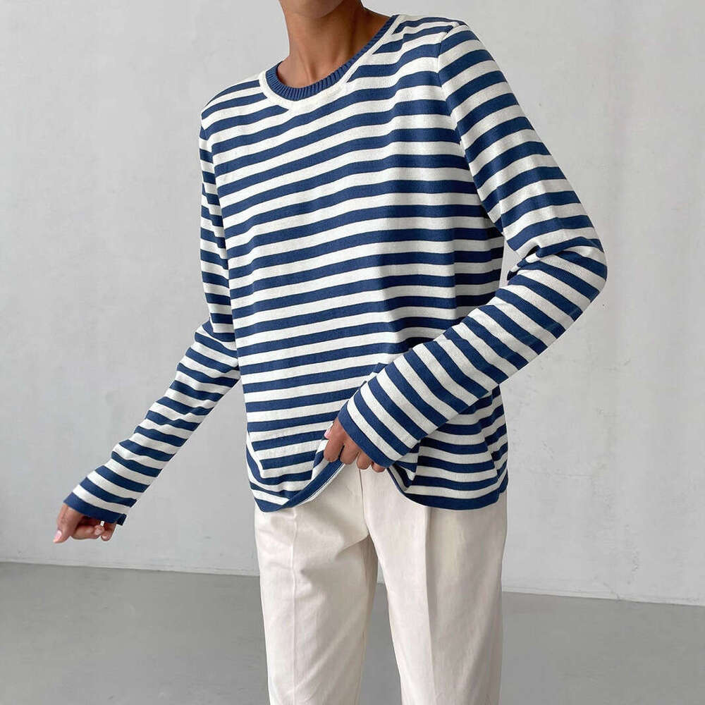 Round Neck Knitted Spring Versatile Classic Striped Pullover Sweater For Women B5