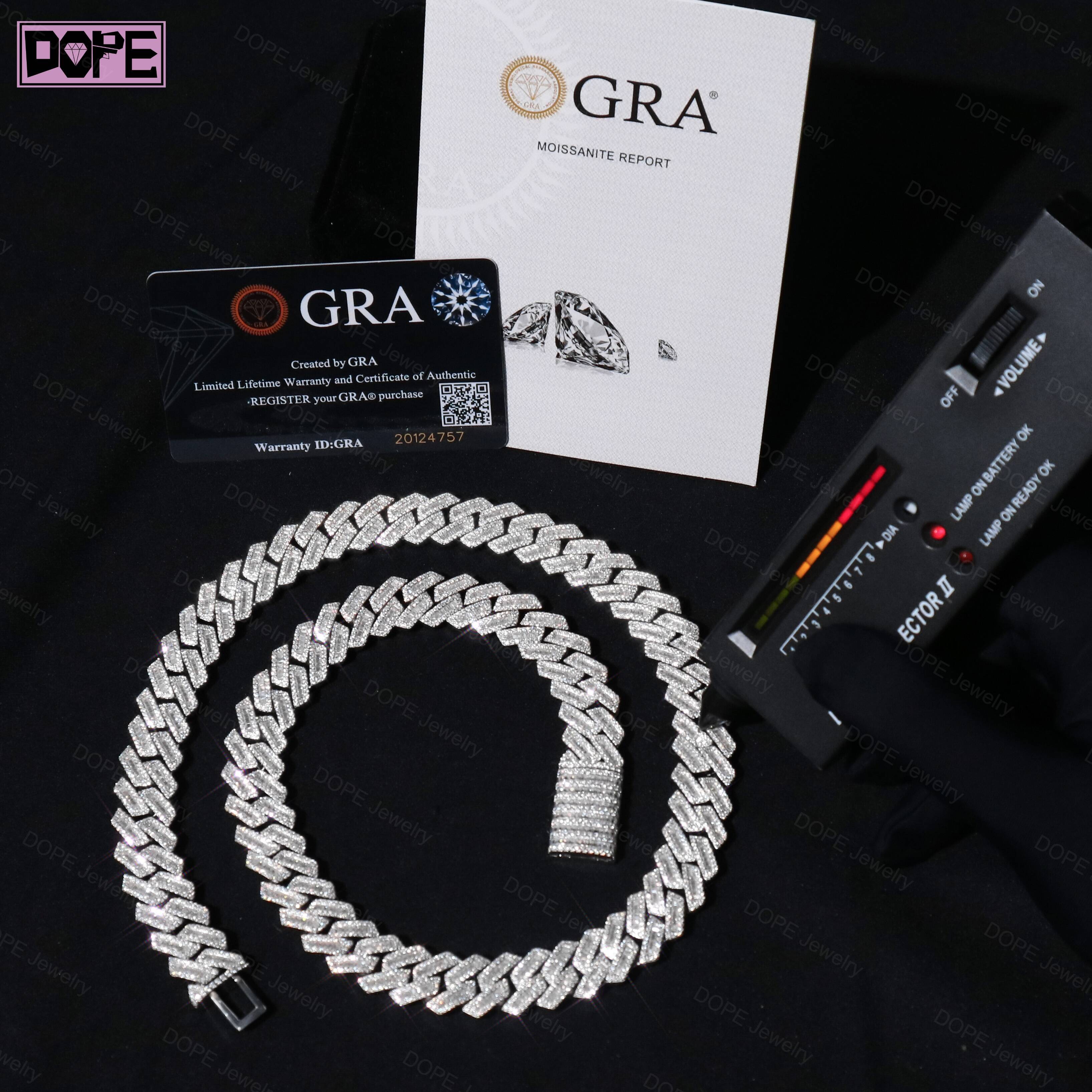 GRA Certified 15mm Moissanite Chain Iced Out Clasp VVS 925 Silver Rhodium Plated Moissanite Cuban Chain
