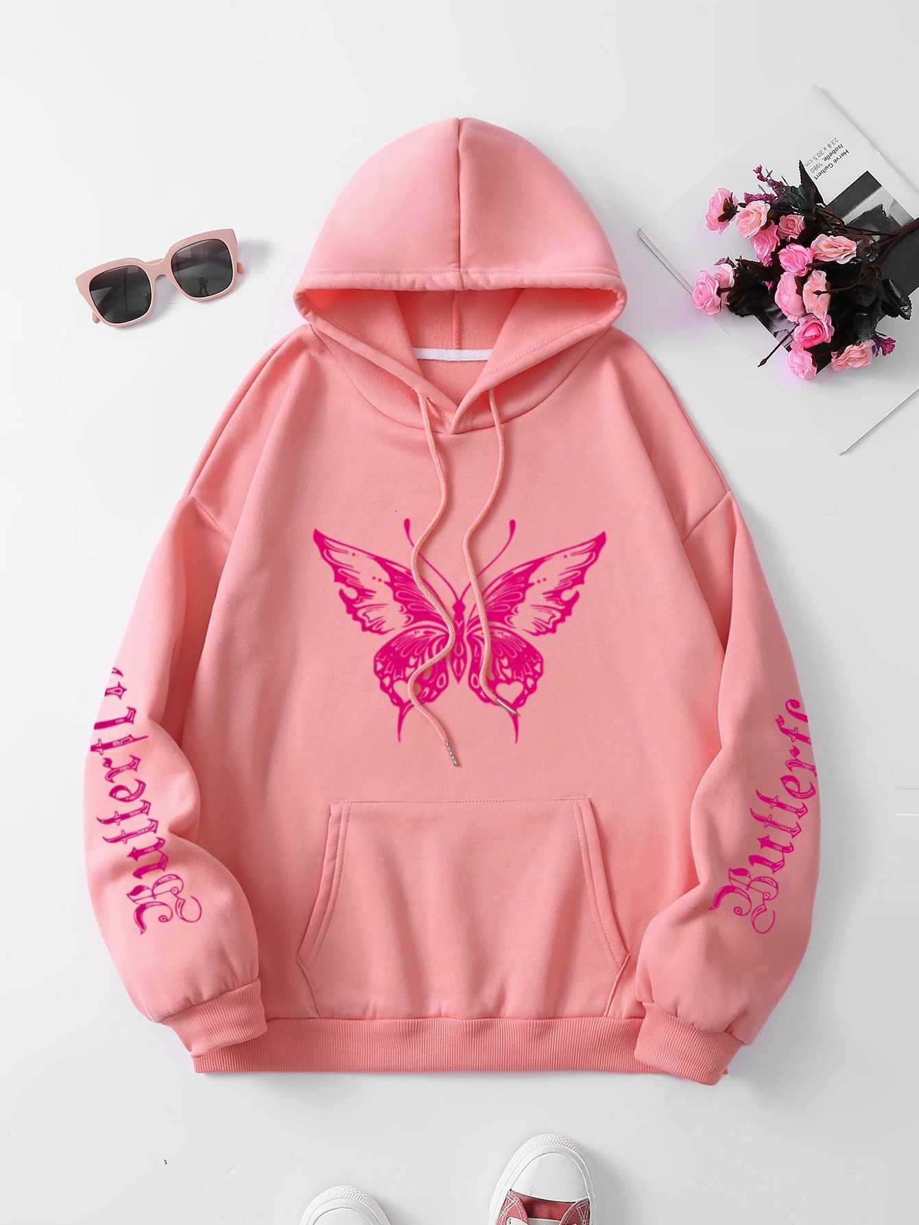 Butterfly Letter Print Drawstring Hoodie Casual Long Sleeve Kangaroo Pocket Hoodie Sweatshirt Womens Clothing XJ250717