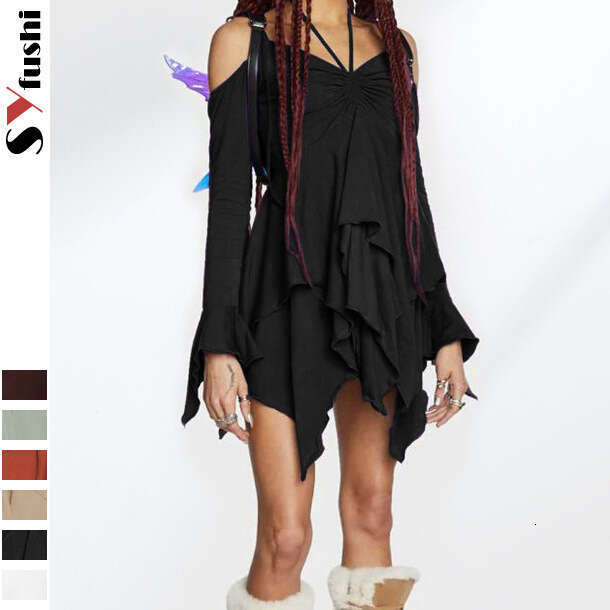 Gothic Style Milk Silk Women's Patchwork Off-Shoulder Long Sleeves High Waist Strap Dress With Ruffles B5