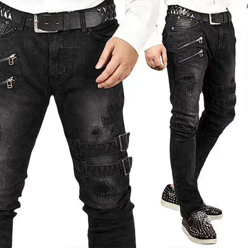New Style Motorcycle Personality Trendy Stretch Skinny Jeans For Men Slim Fit B5