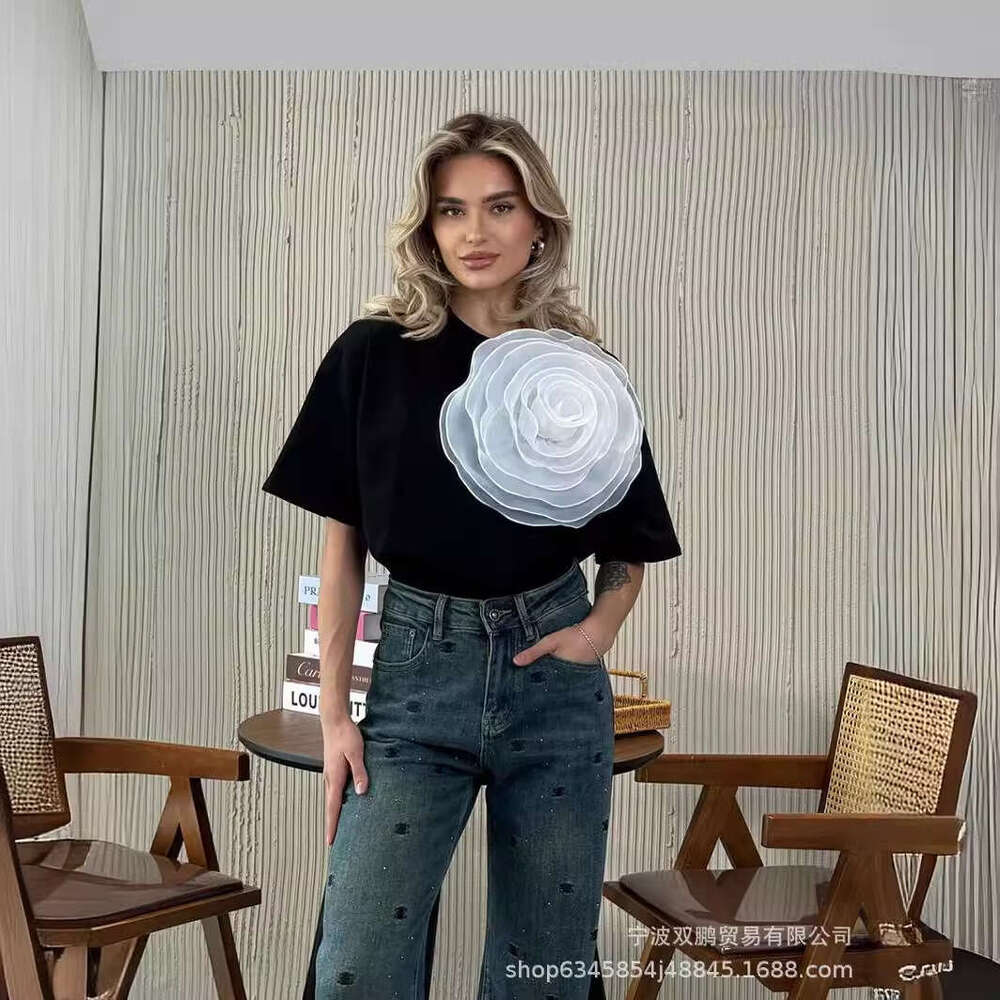 Ins Style Loose T-Shirt For Women With 3D Mesh Camellia Pure Cotton Short Sleeve Top B5