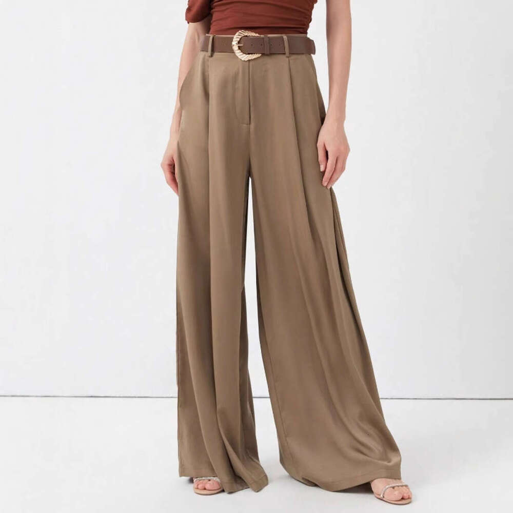 TRAFZA Spring New Women's Fashion Versatile Belt Silk Satin Casual Straight Pants B5
