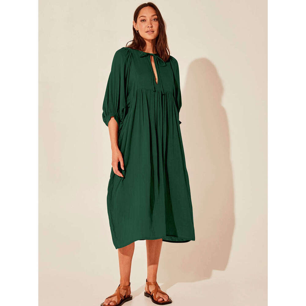 Autumn New Large Size Loose Lantern Sleeve Casual Solid Color Long Dress B5