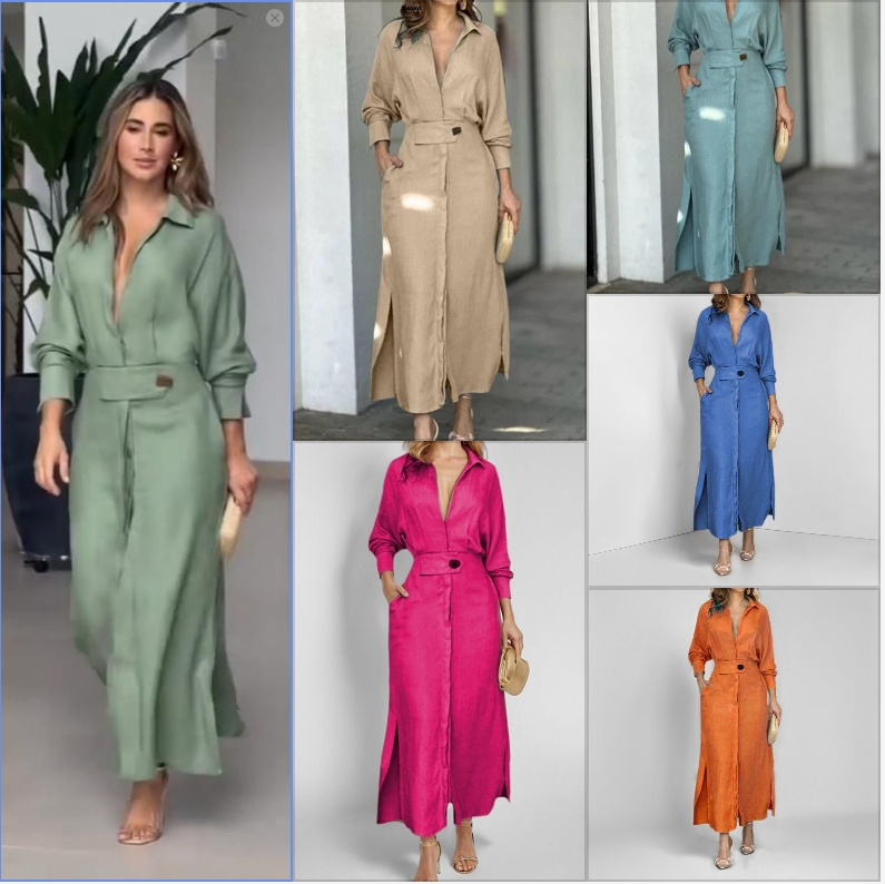 Fashion Maxi Dress For Women Luxury Elegant Solid Color Evening Dresses Work Split Chic Long Sleeve Clothes Office