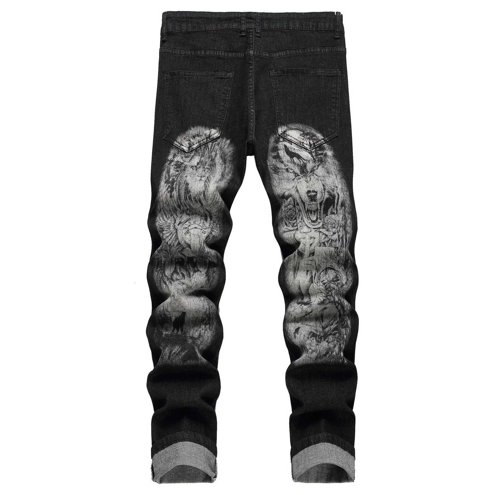 Mens Black Print Pants; Mens Print Wolf Head Pattern Jeans; Stretch Blue Jeans 90035 X250718