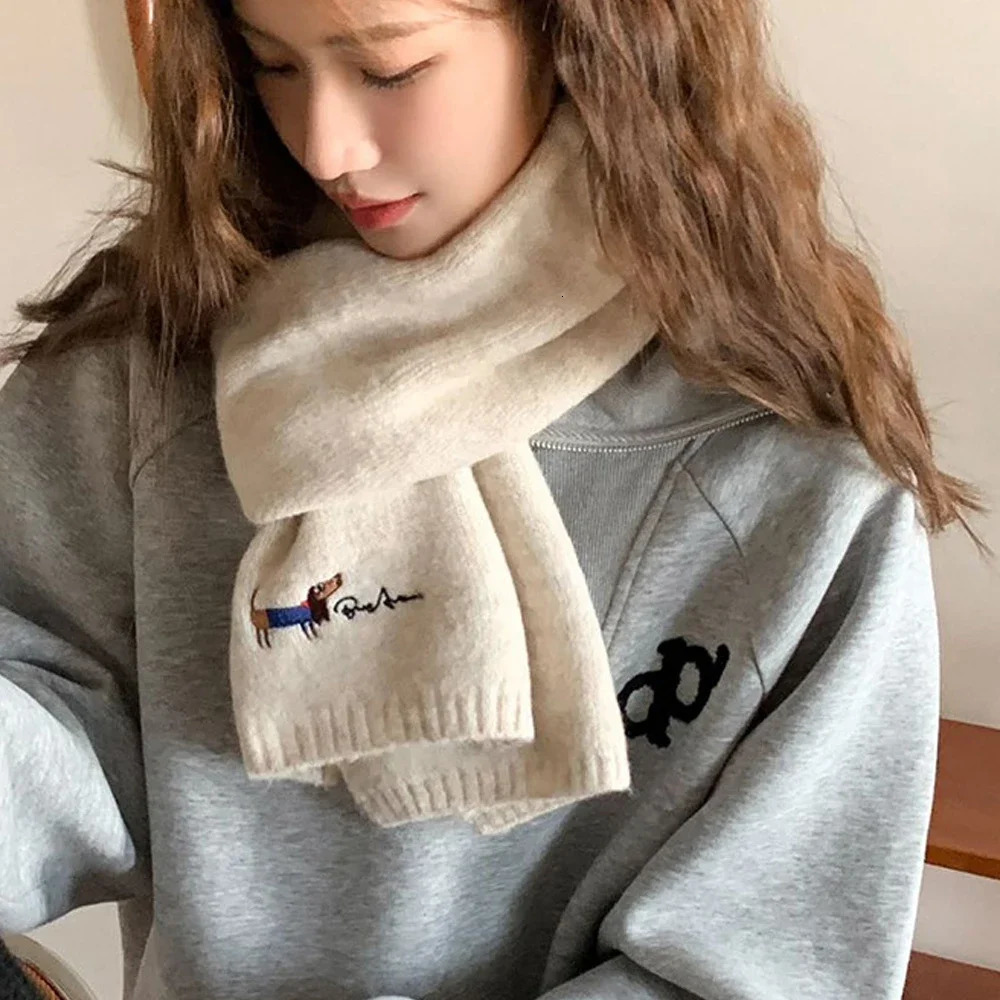 Korean Style Wool Knit Scarf for Women Winter Autumn Long Scarves Cute Dog Embroidery Shawl Wrap 250717
