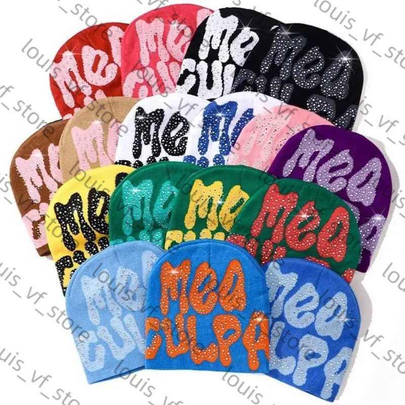 2023 NEW Y2K Culpa Beanies Hat with Rhinestone for Women Men Beanies Hats Hip-hop Soft Stretch Warm Knitted Cap H250718