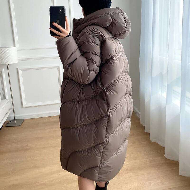 Schinteon Women White Duck Down Long Jacket With Hood Autumn Winter Warm Thick Casual Loose Outwear 2024 New Fashionable Coat MDNG