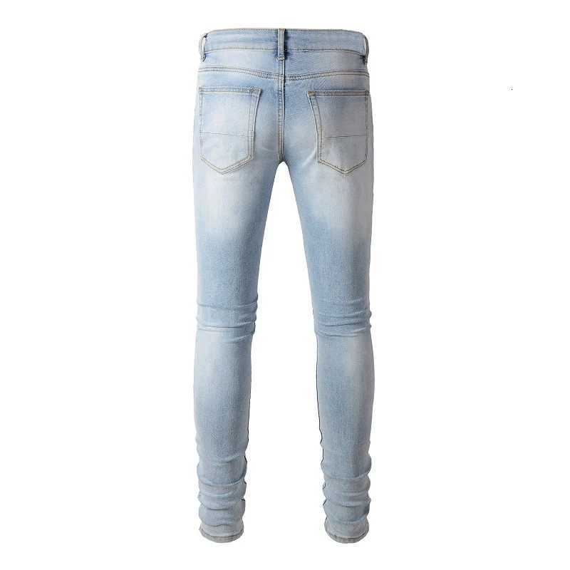 Men Black Pleated Patch Biker Jeans Streetwear Light Blue Stretch Denim Pants Ripped Skinny Tapered Trousers X250718