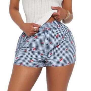Women's Home Casual Hot Pants Cherry Plaid Print Button Beach Vacation Style High Waist Shorts B5 g7
