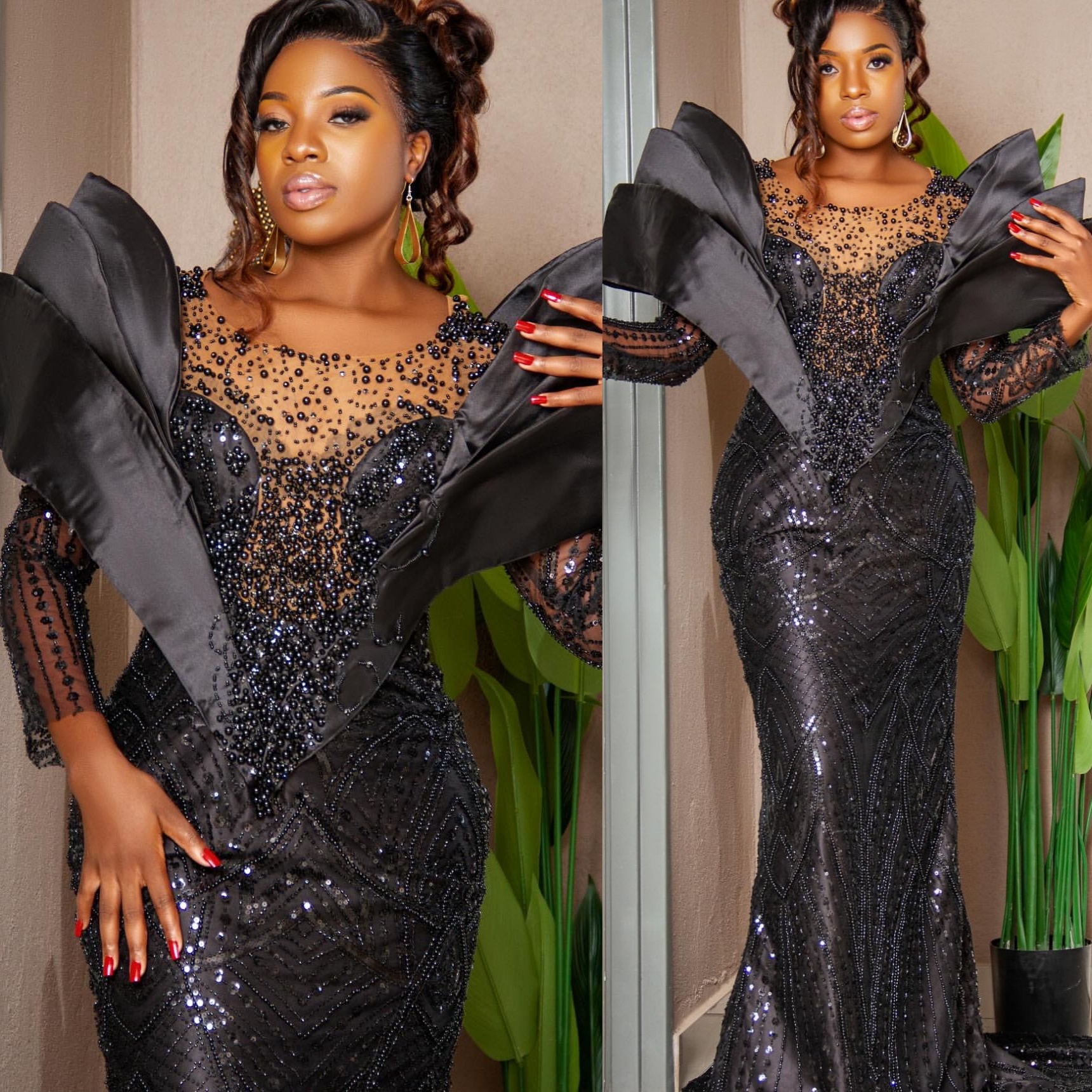 Black Mermaid Prom Dresses 2025 Pearls Sequined Full Sleeves Evening Formal Party Second Birthday Engagement Gowns Plus Size Dress For Special Occasio