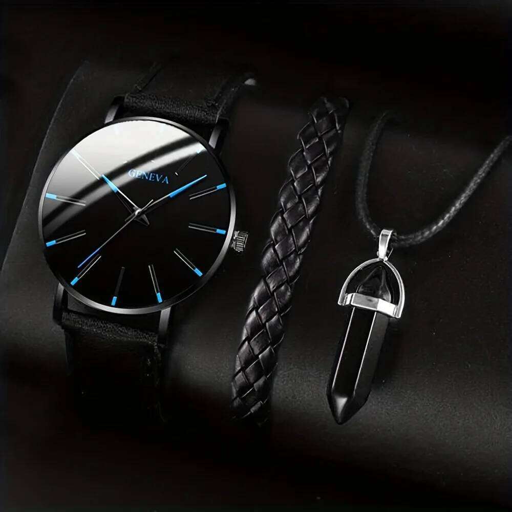 free shipping 3PCS/Set Fashion Watch Casual Leather Band Quartz Wristwatch Men Business Watches Bracelet Necklace Set Jewelry Gifts