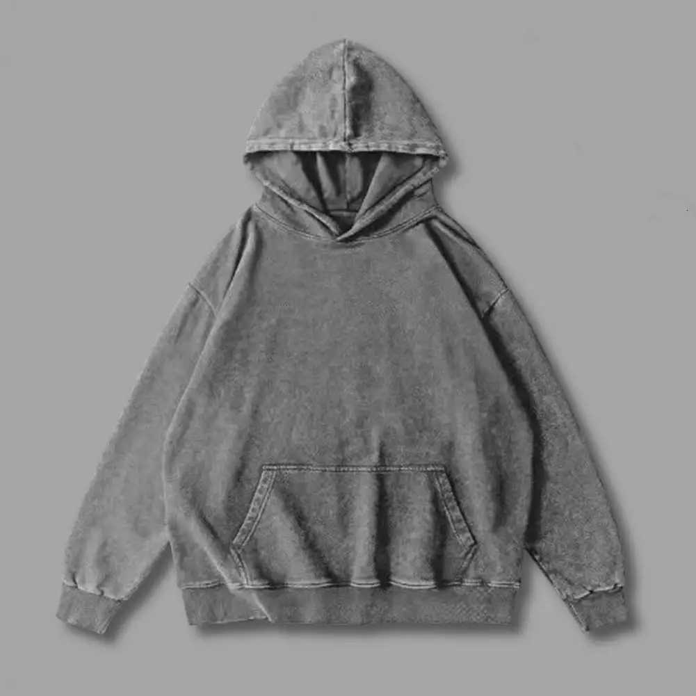 Fall Spring Unisex Hoodie Big Pocket Hooded Loose Distressed Washed Elastic Cuffs And Hem Sloping Shoulder Solid Color Loose Sportswear XJ250717