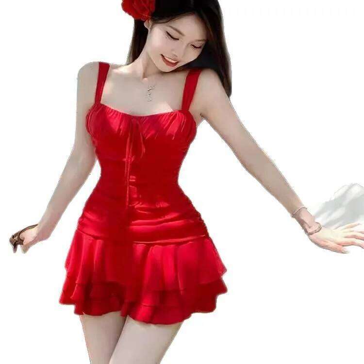 Bright 2025 New Women's Summer White Seaside Vacation Red Dress Hot Spring Swimsuit Bathing Suit Women
