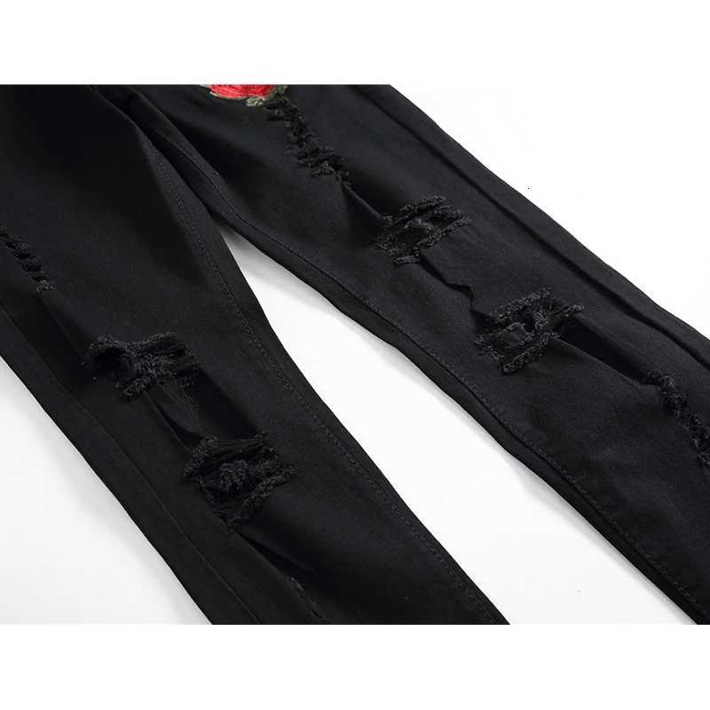 New Black Ripped Jeans with Embroidery Men with Flowers Rose Embroidered Mens Denim Jeans Stretch Skinny Jeans Pants X250812