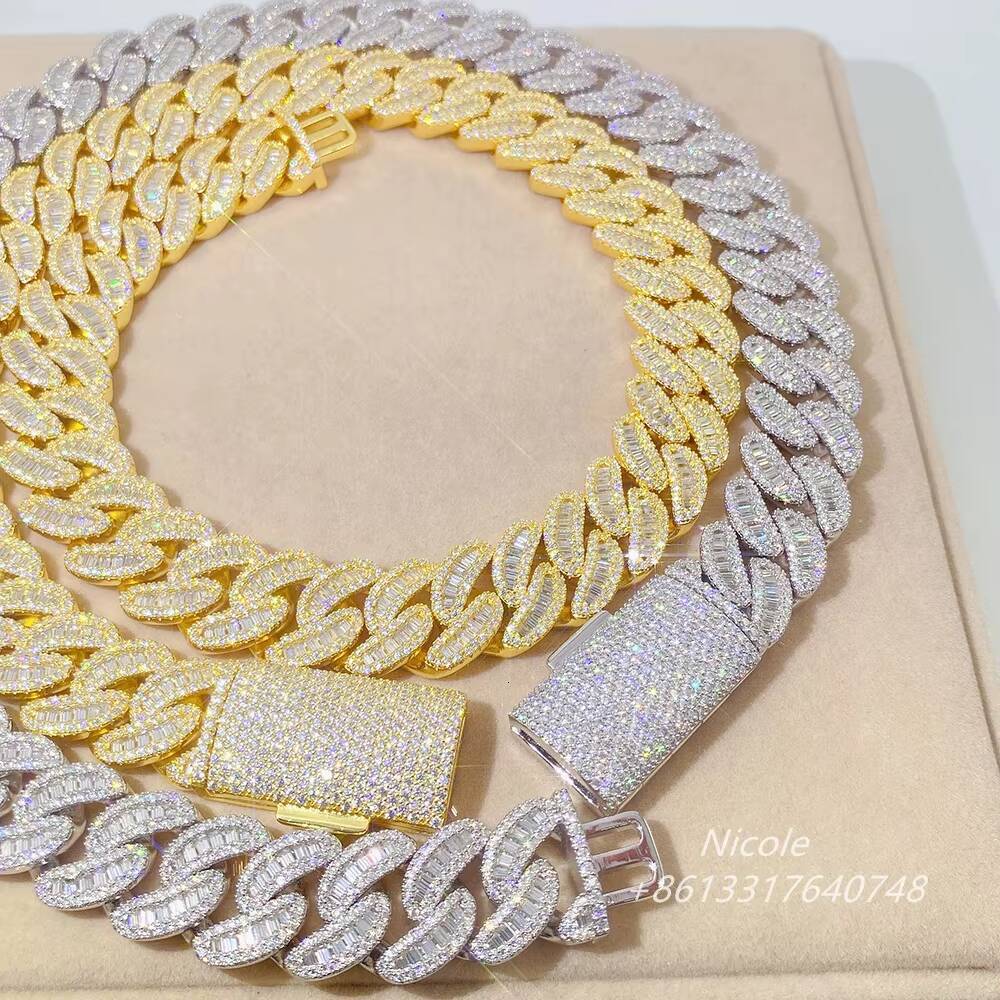 925 Sterling Silver Hip Hop baguette Moissanite Heavy Chain Miami Cuban Link Mens Bracelet 10k 18mm Cuban Link Chain