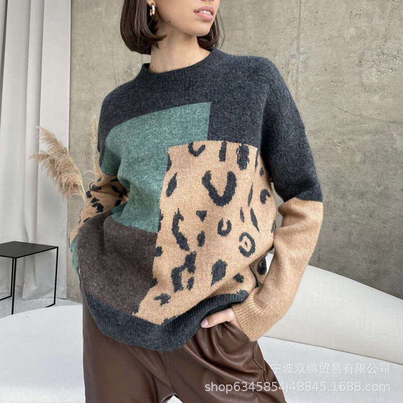 Leopard Print Patchwork Sweater For Women Soft Thickened Sheep Wool Long Sleeve Knitted Top Ins Style B5