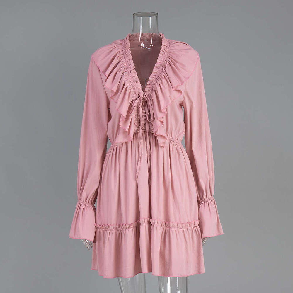 V-Neck For Women Spring Summer New Bell Sleeve Short Chiffon Dress B5