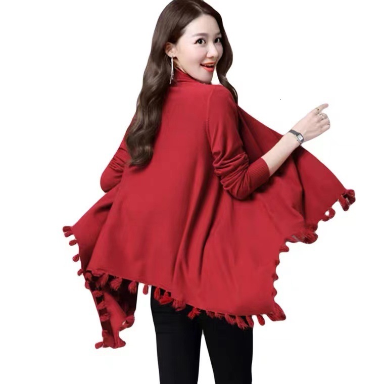 Trendy New Knitted Cardigan Women's Mid-Length Tassel Batwing Shirt Outerwear Shawl Cape Coat