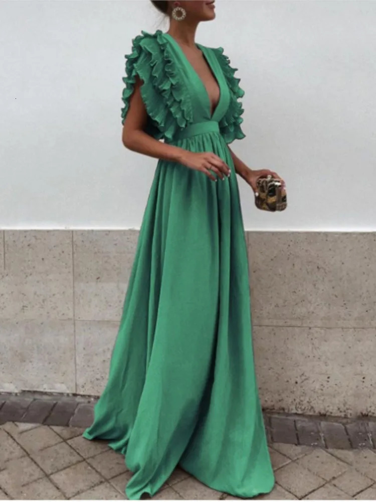 Sexy Deep V-neck Backless Dress Women Fashion Flying Sleeve High Waist Big Swing Green Red Dresses Elegant Evening Party Dress 250717