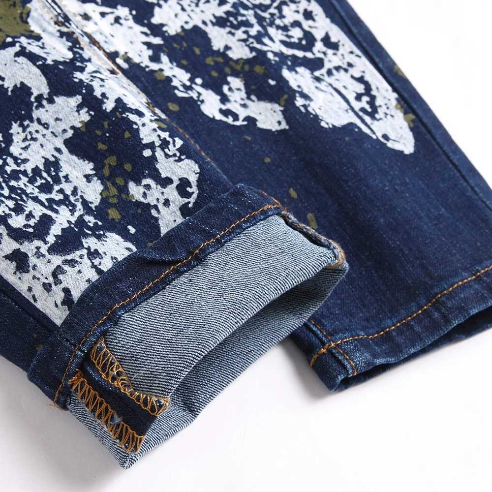 Men Painted Stretch Denim Jeans Streetwear Slim Tapered Pants Button Fly Blue Cotton Trousers X250718