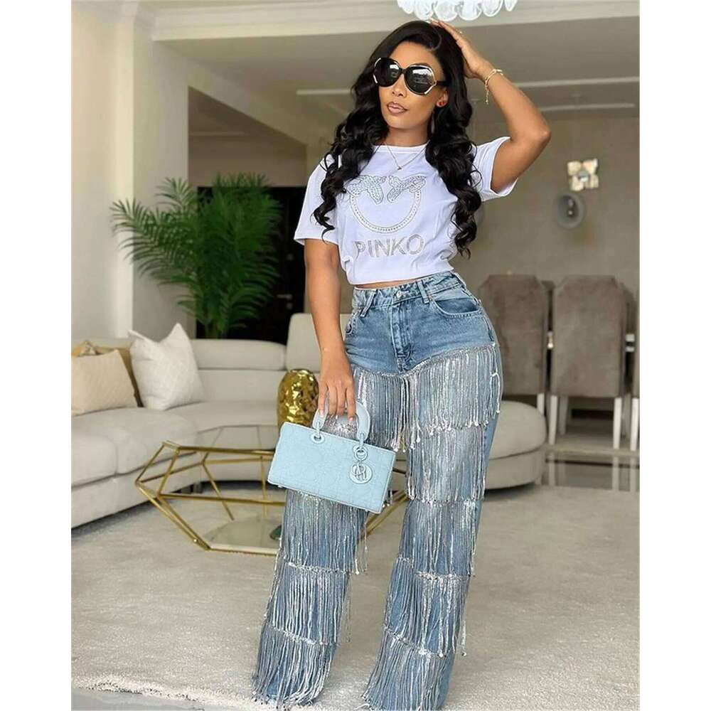 Cm.Yaya Women Sequins Tassel Wide Leg Blue Denim Pants 2025 Summer Streetwear Party Vintage High Waist Jeans Trousers