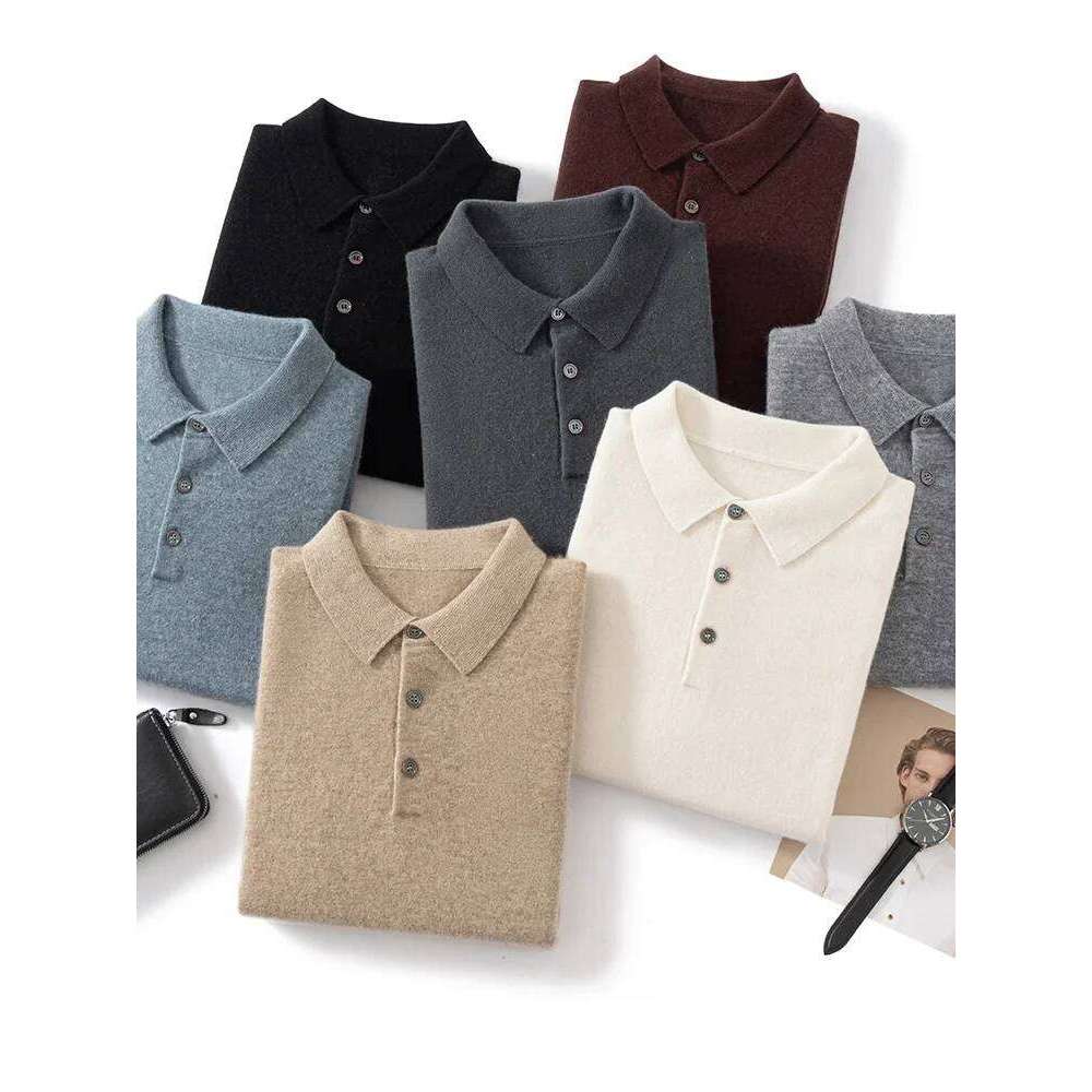 High Quality Men 100% Cashmere Sweater Autumn Winter Long Sleeve Polo Pullover Smart Casual Knitwear Soft Warm Clothing Tops New