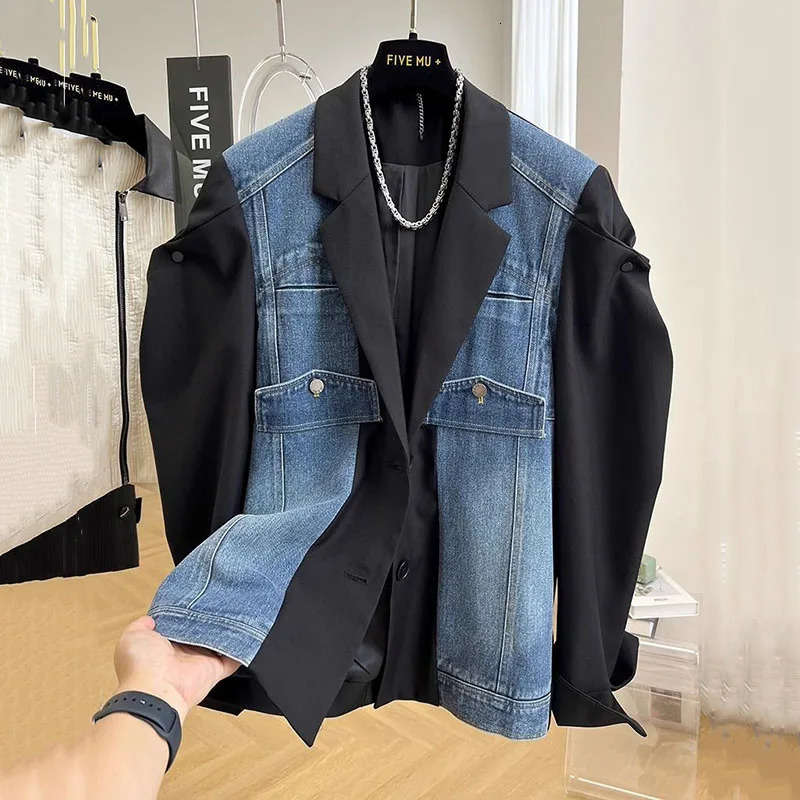 2025 Fashion Spring Autumn Denim Splicing Blazer Womens Korean Long Sleeve Casual Elegant Ladies Suit Female Outerwear Tops 250715