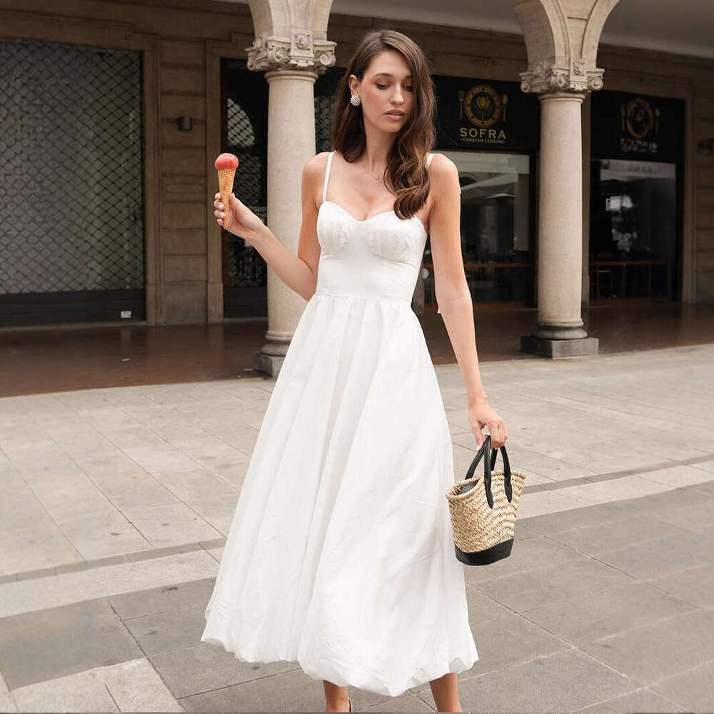 Strap Balloon Summer Waist-Cinching Puff Sleeve Large Swing Pure Cotton Dress For Women B5