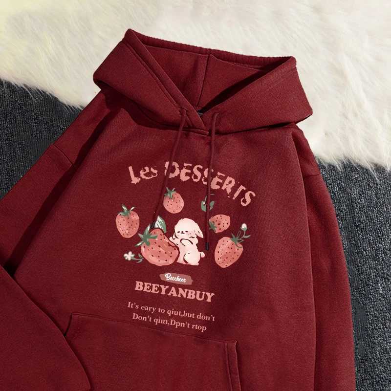 Fashion Womens Hoodie Cute Strawberry and Rabbit Printed Sweatshirt Pocket Soft Warm Breathable Pullover Autumn Winter Hoodie XJ250717