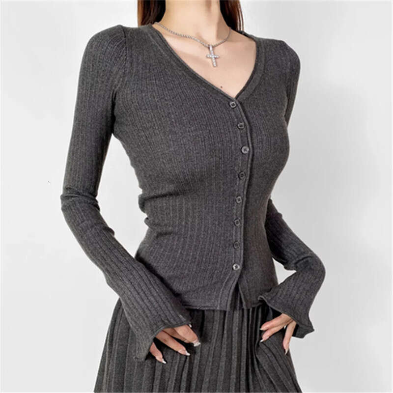V-Neck Elegant Design Knitted Cardigan For Women Slim Fit Thin Base Shirt Early Autumn Top B5