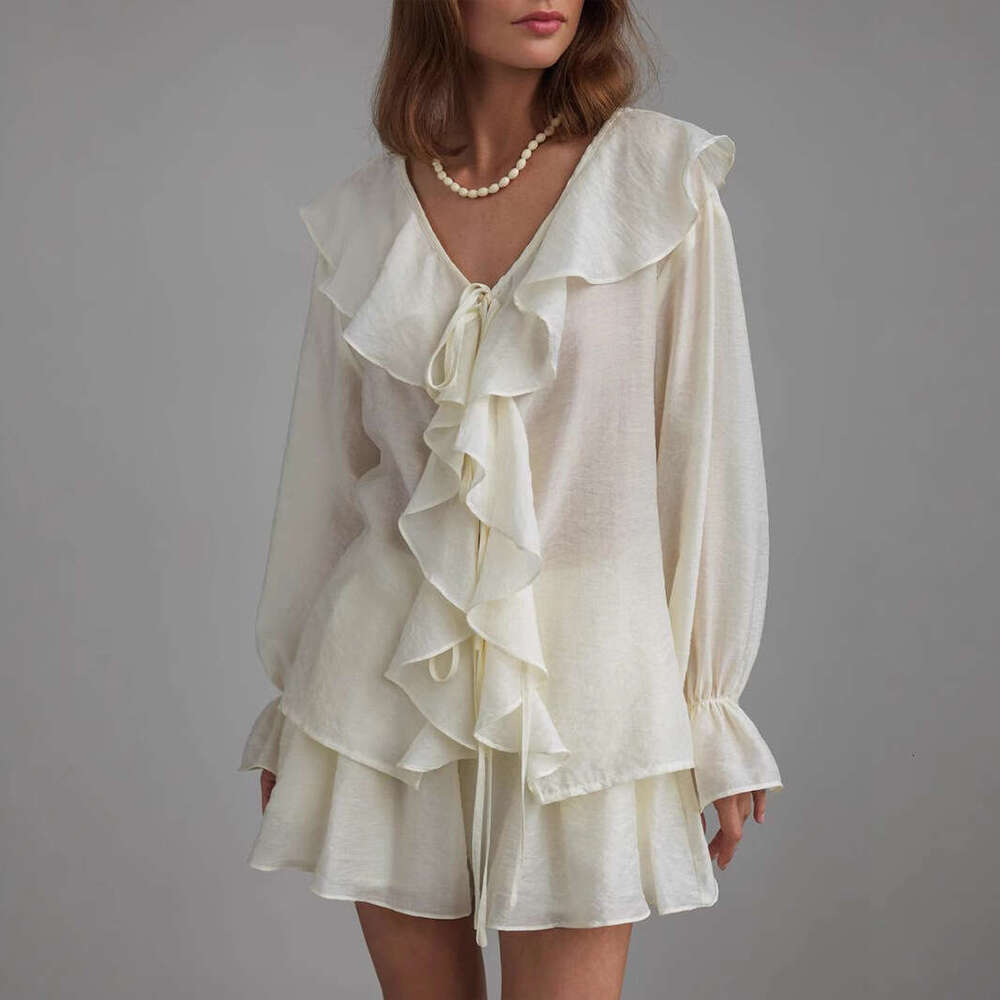 French Style V-Neck Ruffle Summer Tie Blouse And Shorts Set For Women B5