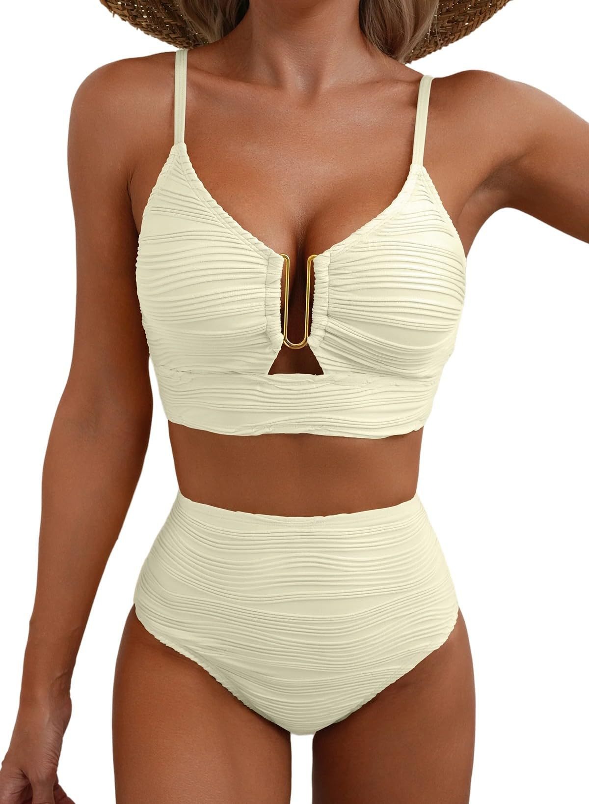 Women's High-Waist Pleat Bikini with Cut-Out Detail - Textured Fabric Swimwear