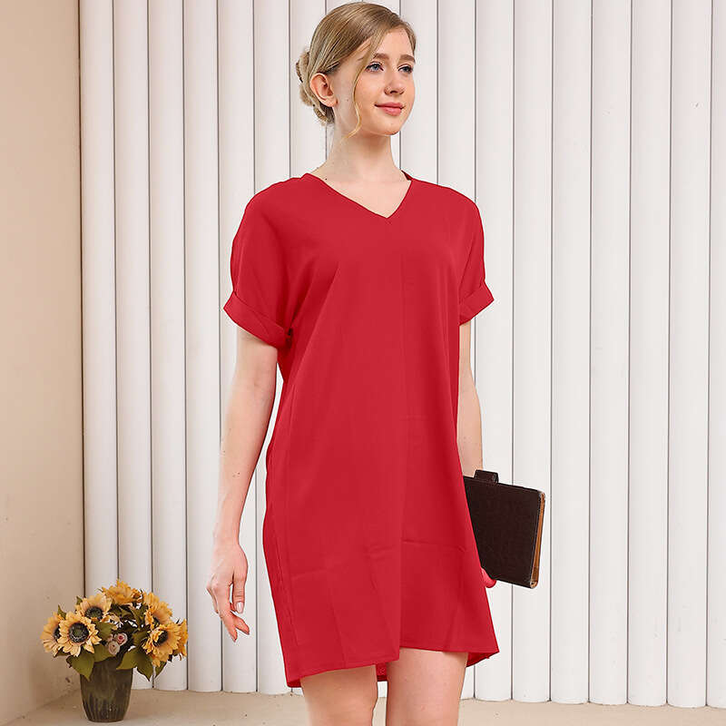 Summer Fashion Women's Solid Color H-Shaped Loose Casual V-Neck Short Sleeve Homewear Dress B5