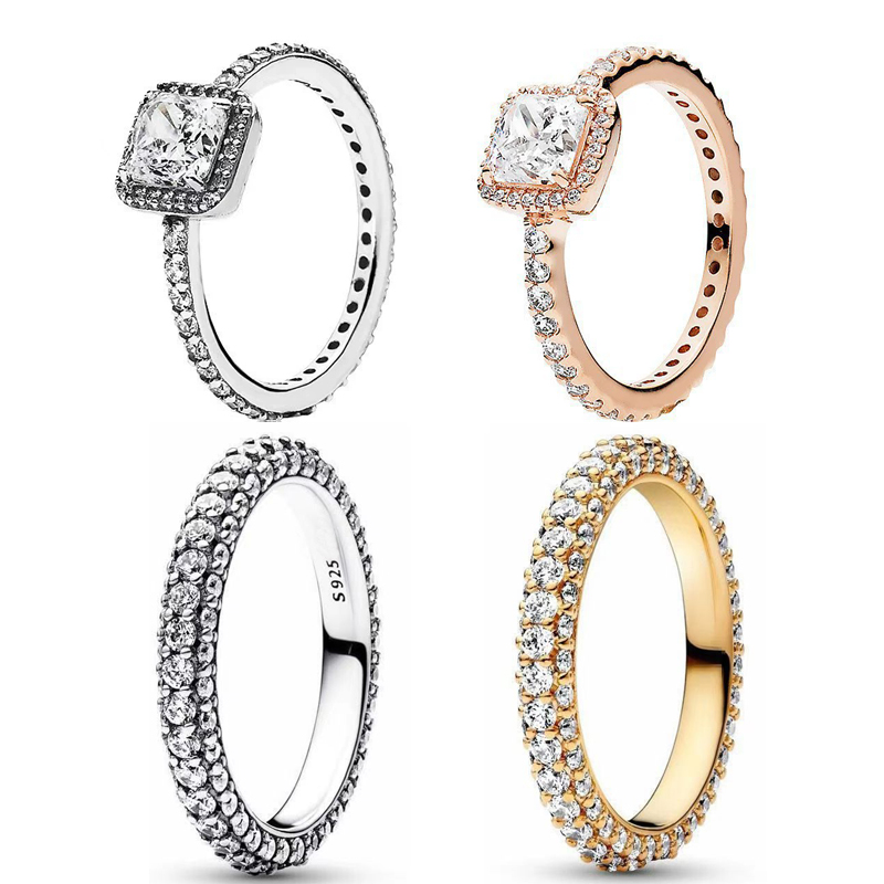 Vintage Luxury Authentic Diamond Square CZ Diamond Rings Women S925 Sterling Silver Brand Designer Christmas Wedding Birthday Gifts Jewelry R087