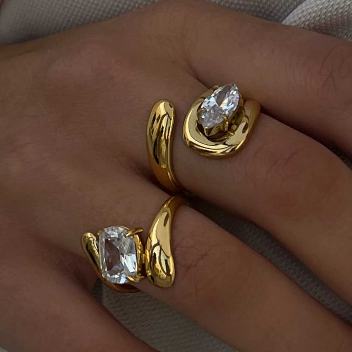 Stainless Steel Water Drop Shaped Large Zircon Rings 18K Gold Plated Open Ring Waterproof Statement Jewelry X250718
