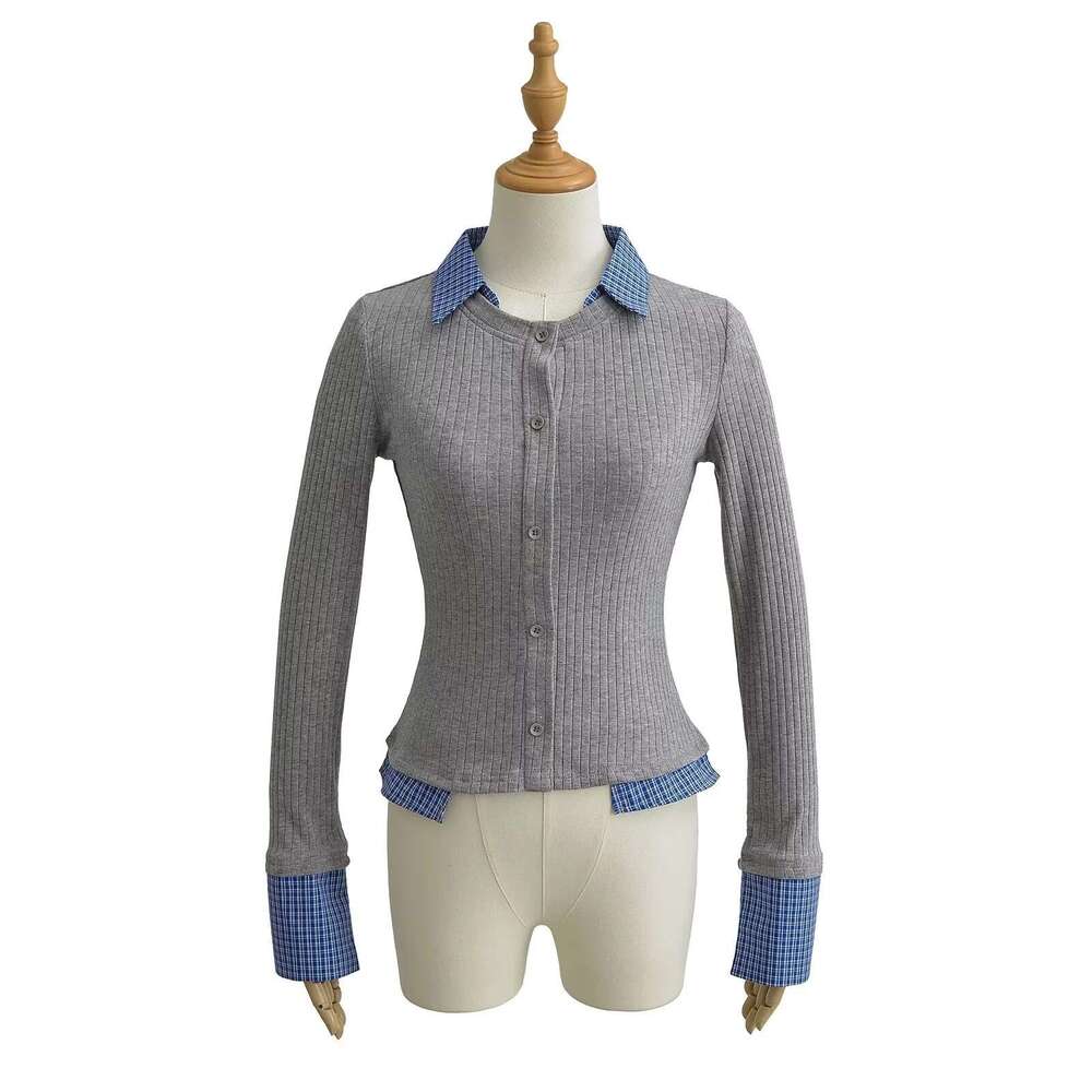 Plaid Patchwork Fake Two-Piece Polo Collar Long Sleeve Knitted Sweater For Women, College Style Slim Fit Base Shirt Top B5