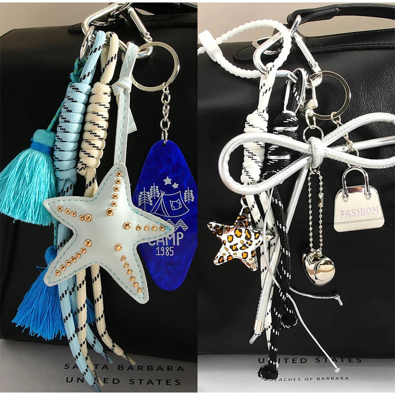 Leather Starfish Bag Charm Cute Leopard Bear Rainbow Decorative Keychain Decoration Fashion Braided Rope Bag Accessory 250717