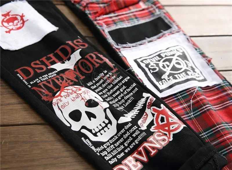 Mens Black Jeans Mens Fashion Punk Patchwork Street Jeans Mens Stretch Street Hip Hop Slim Fit Holes Punk Denim Cotton Pants X250718