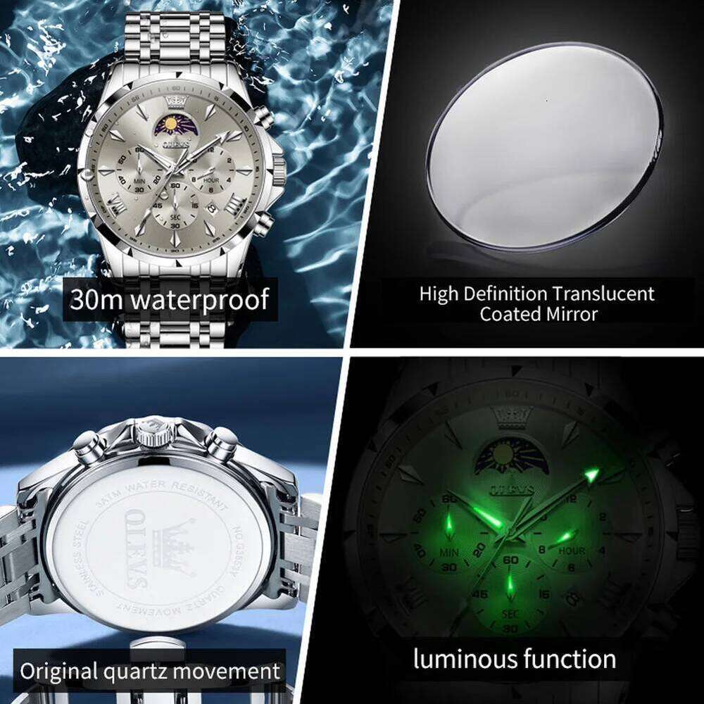 OLEVS 3653 Mens Quartz Multifunctional Chronograph Watch For Men 30M Waterproof Luminous Moon Phase Box Original free shipping