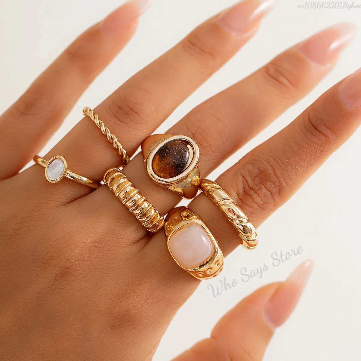 6pcs/set Tide Individuality Retro Geometric Hollowing Inlay Gem Rings Set Liquid State Metal Four-Piece Rings Set Paty Jewelry X250718