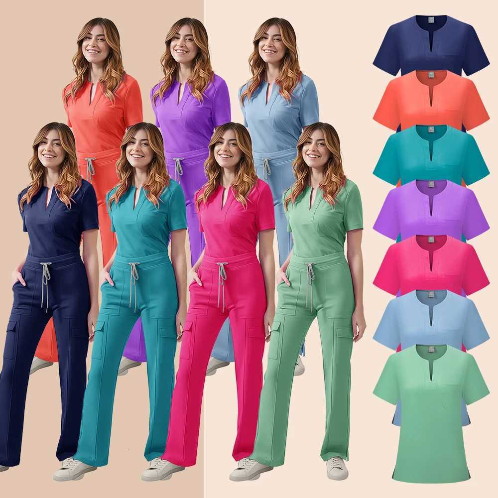 Medical Scrubs Uniform Women Nurse Scrub Set Pocket Top+Pants 2 Piece Suit Nursing Operating Room Clothes Beauty Salon Work Wear Z250718