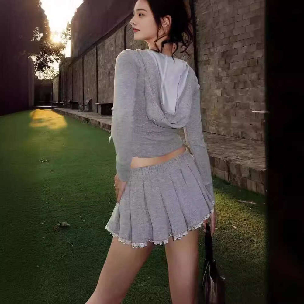 Jennie Zhao Meiyan Same Style Gray Pleated Low Waist Pants Lace Top Sexy Hot Girl Half Skirt Set For Women B5