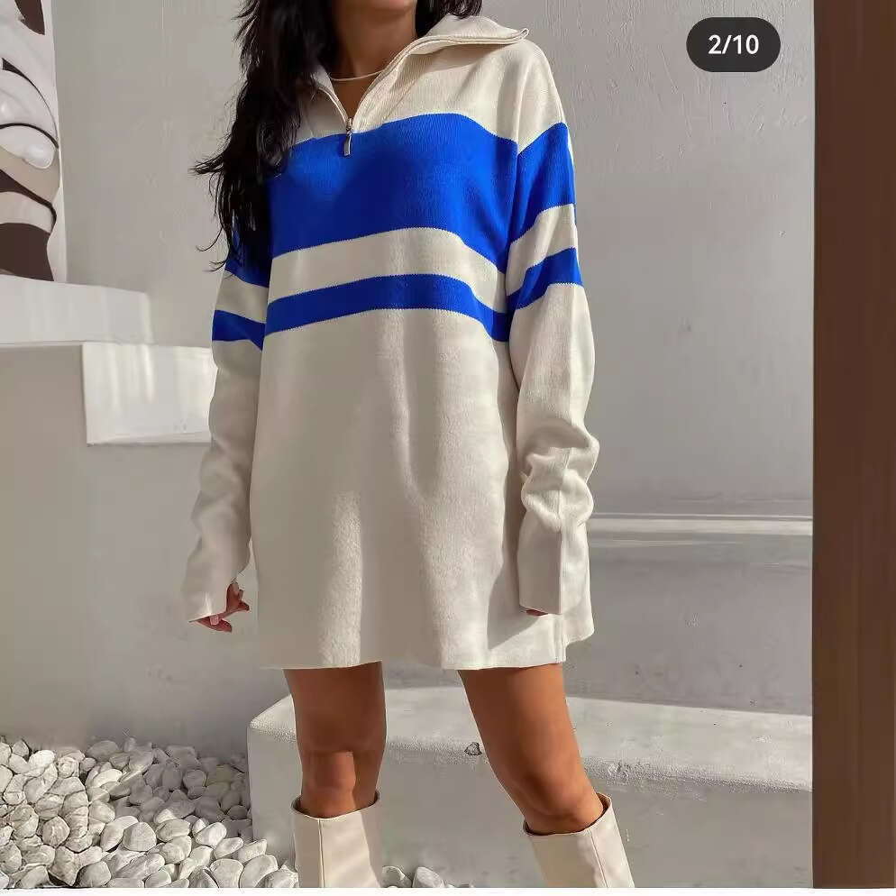 Ins Style Zipper Pullover Sweater Women, Loose Soft Knitted Long Sleeve Dress, Color Block Patchwork Top For Women B5