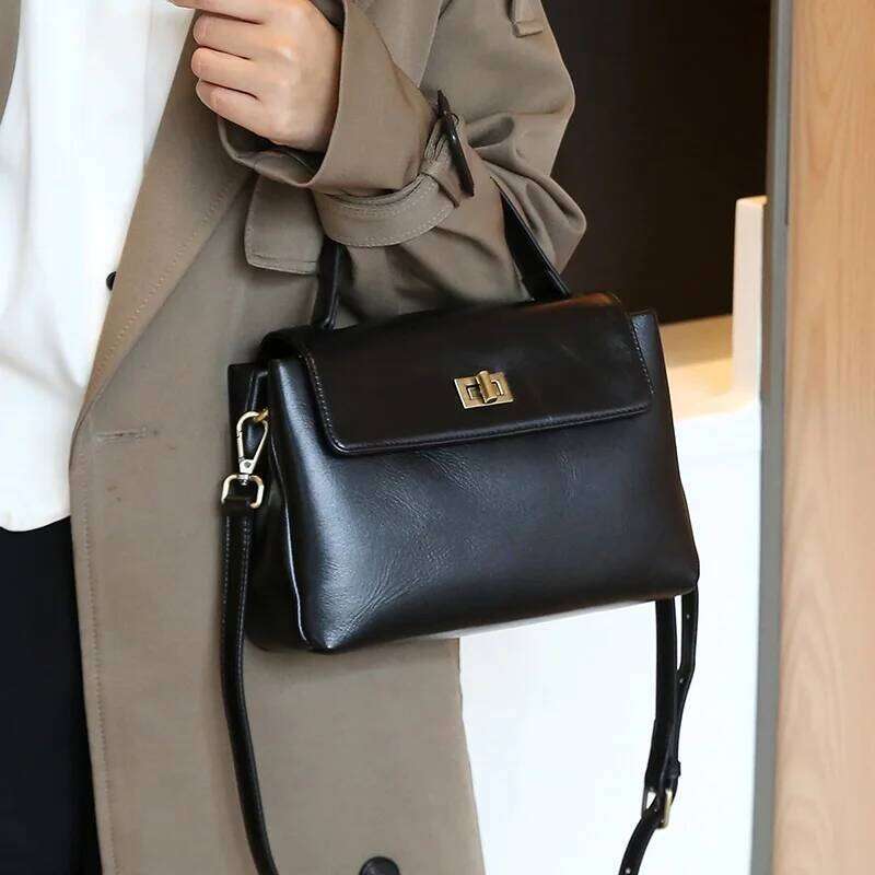Women's Genuine Messenger Tote Soft Leather Small Square Bag Fashion Metal Buckle Ladies Natural Cowhide Handbag