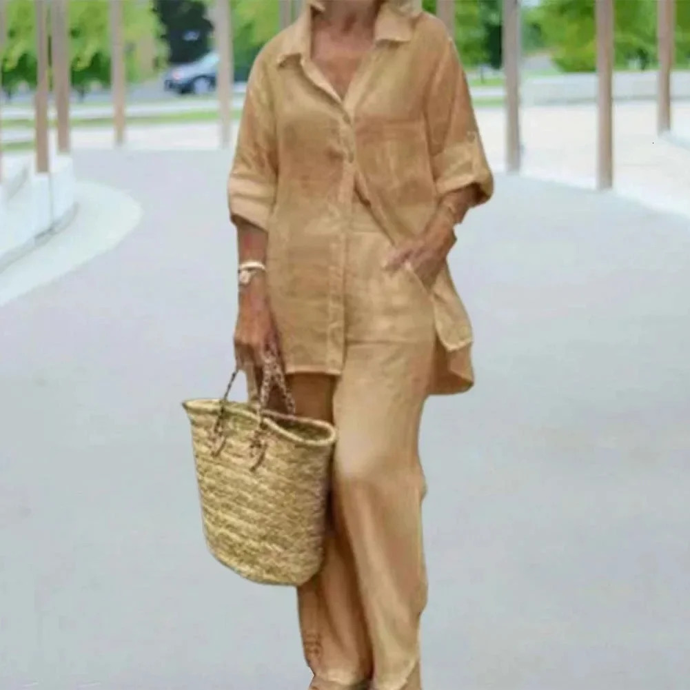 2025 Spring Cotton Linen Oversize Women Suit Grey Long Sleeve Top Long Pants Loose Suit Female Spring Casual Trendy Lady Clothes 250715