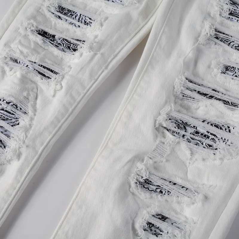 Men Paisley Bandana Print Patch Biker Jeans Streetwear Patchwork Ripped White Stretch Denim Pants Skinny Tapered Trousers X250718