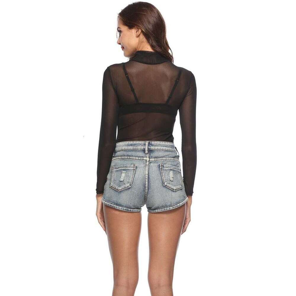 Summer Women's Sexy Ultra-Thin Mesh Stretch Tight-Fitting Long-Sleeve Half-High Collar Base Shirt B5