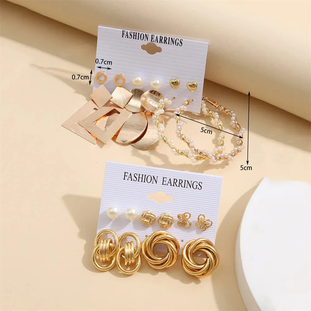 Vintage 2 Sets/Pack Gold Color Metal Twist Pearl Hoop Earrings for Women Girls Geometric Knot Heart Dangle Earring Set Jewelry 250717